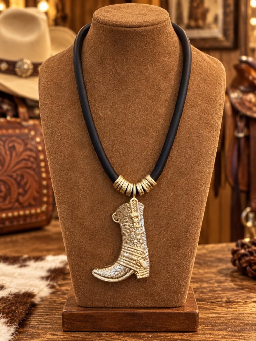 Western Cowboy Boot Pendant Necklace, Black Cord Statement Necklace, Gold Tone